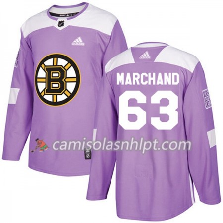 Camisola Boston Bruins Brad Marchand 63 Adidas 2017-2018 Roxo Fights Cancer Practice Authentic - Homem